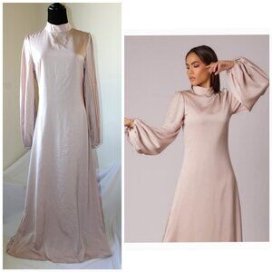 Zahraa The Label Nude Satin Maxi dress Size M Puff Sleeves shapeless glamorous